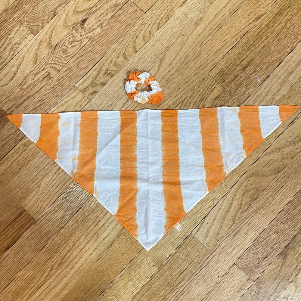 tie dye bandana and hair scrunchie combo orange white stripe